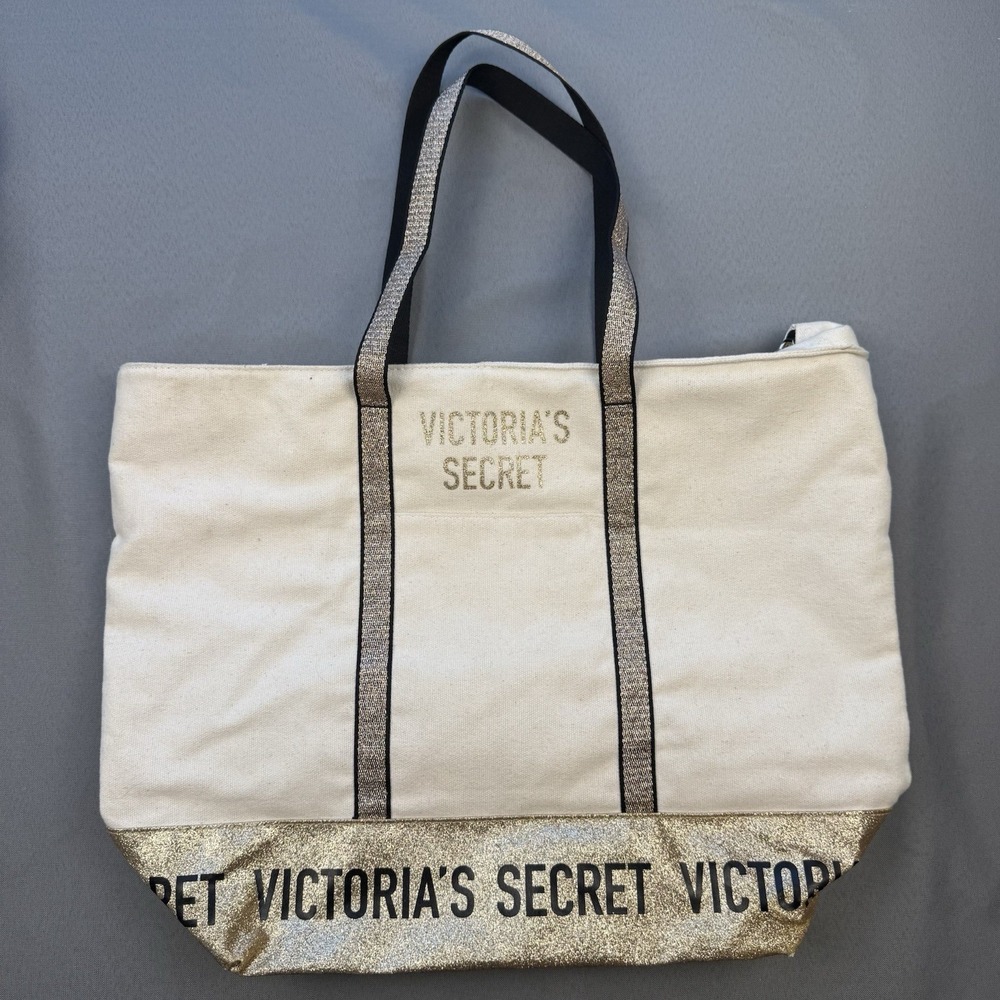 Victoria's Secret Canvas GOLD GLITTER‎ Tote Bag Zip Closure EUC